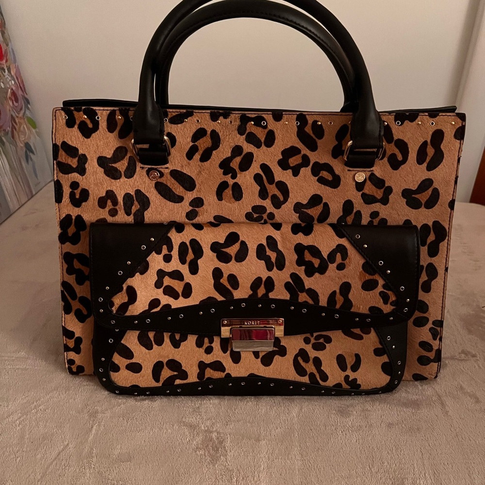 Koret Leopard Print Leather Handbag with Black Accents and studded NWOT